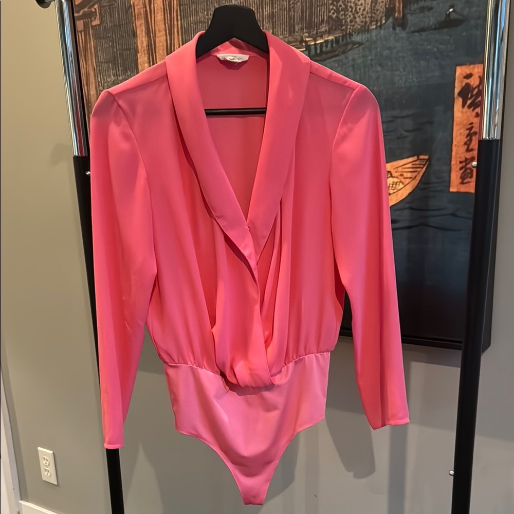 Vibrant Pink Wrap Bodysuit with Long Sleeves
